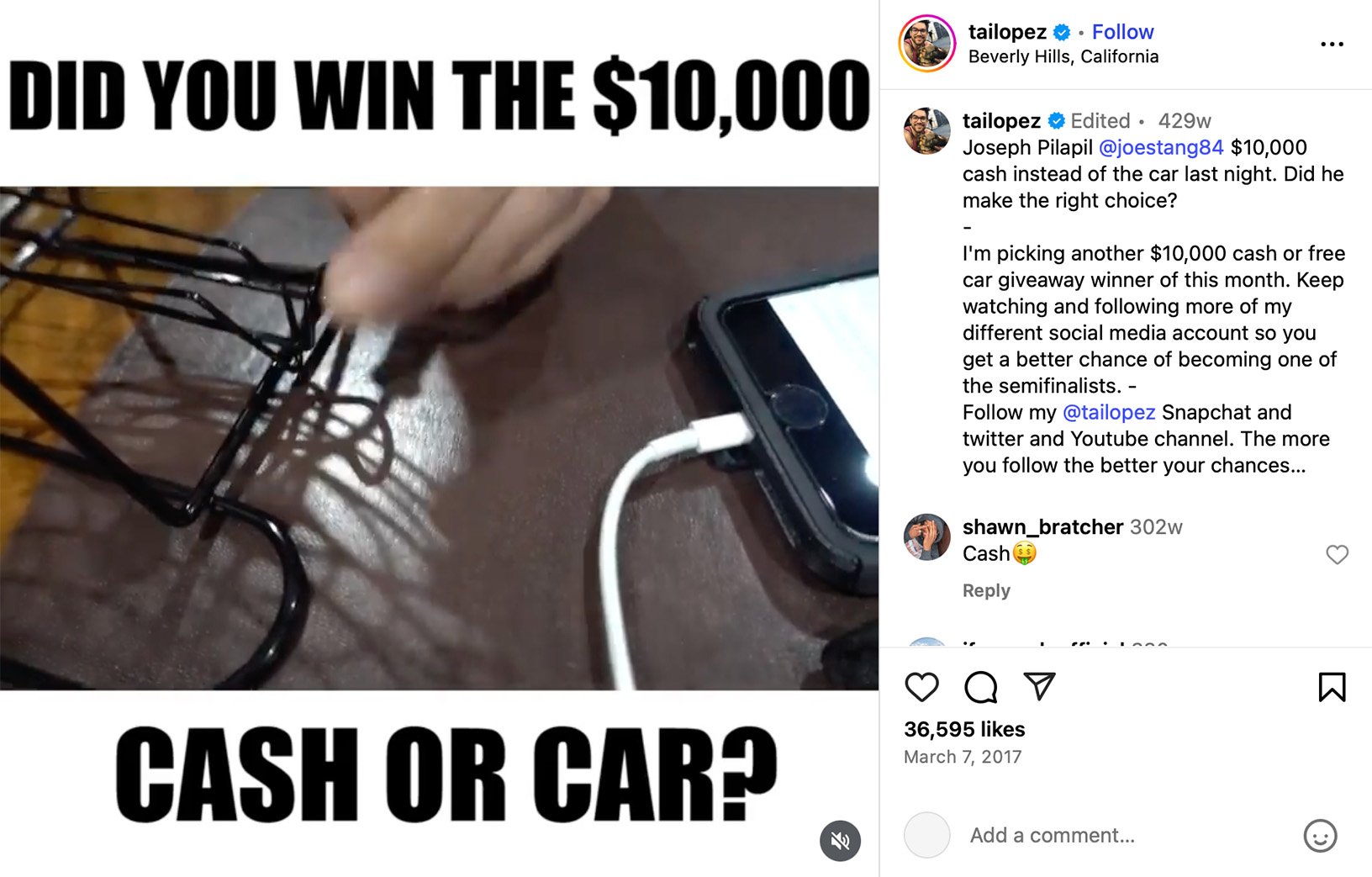 Screenshot from Tai Lopez giveaway video showing a phone and wireframe car model with bold text 'Did you win the $10,000? Cash or Car?'