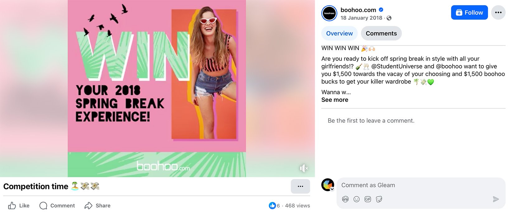 Facebook giveaway post by Boohoo promoting a spring break experience with a $1,500 travel prize and $1,500 wardrobe credit