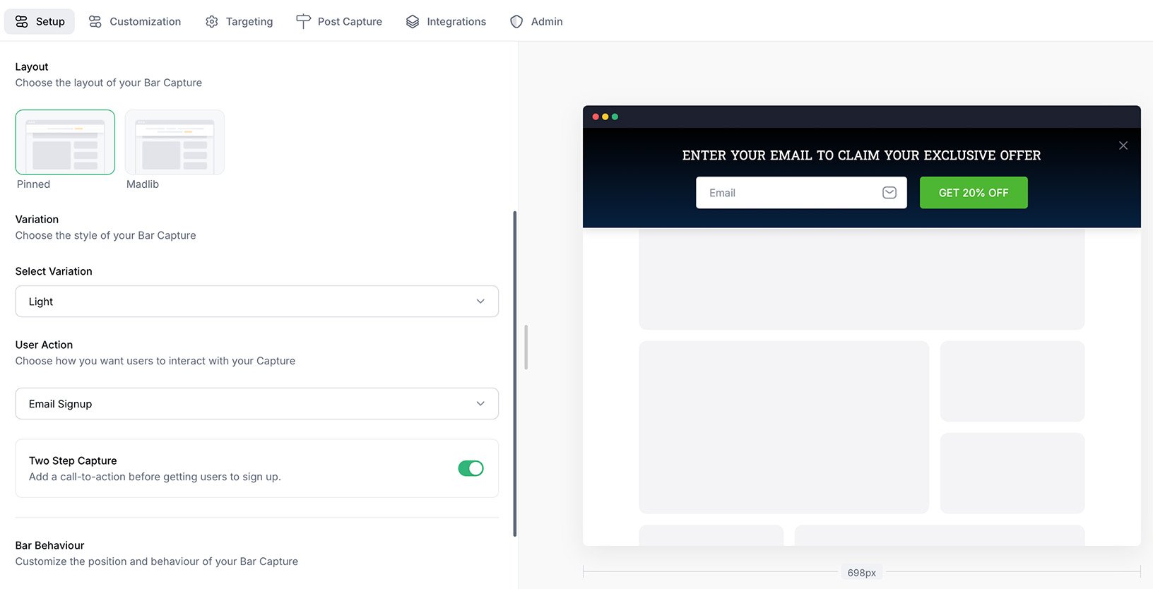 Pinned Capture bar with two-step email signup and 'Get 20% Off' CTA.