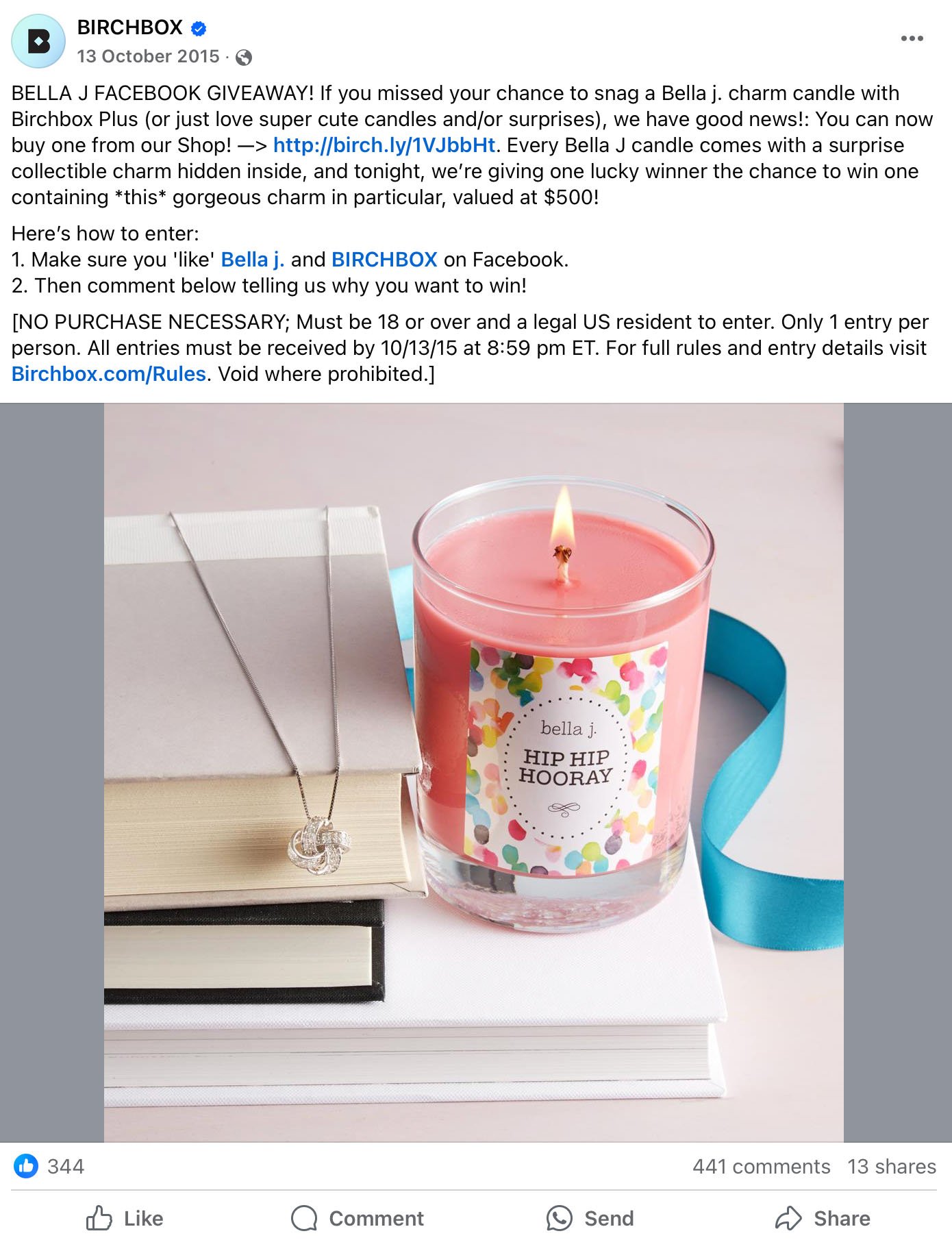 Birchbox Facebook Giveaway with Bella J candle and charm prize