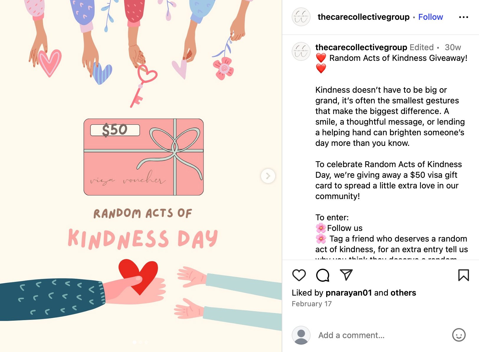 The Care Collective runs a Random Acts of Kindness giveaway with a $50 Visa gift card to keep their audience engaged