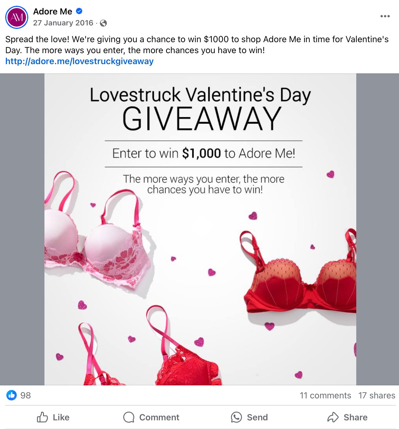 Facebook giveaway post promoting a $1,000 Adore Me Valentine's Day competition with images of pink and red lingerie sets