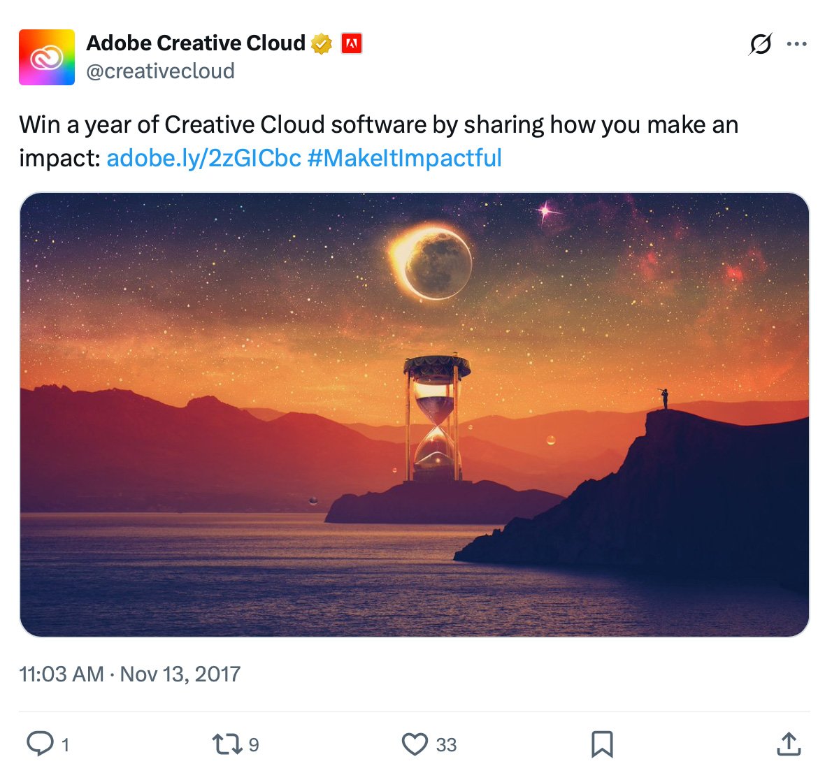 Fantasy artwork with hourglass, planets, and silhouetted figure promoting Adobe contest