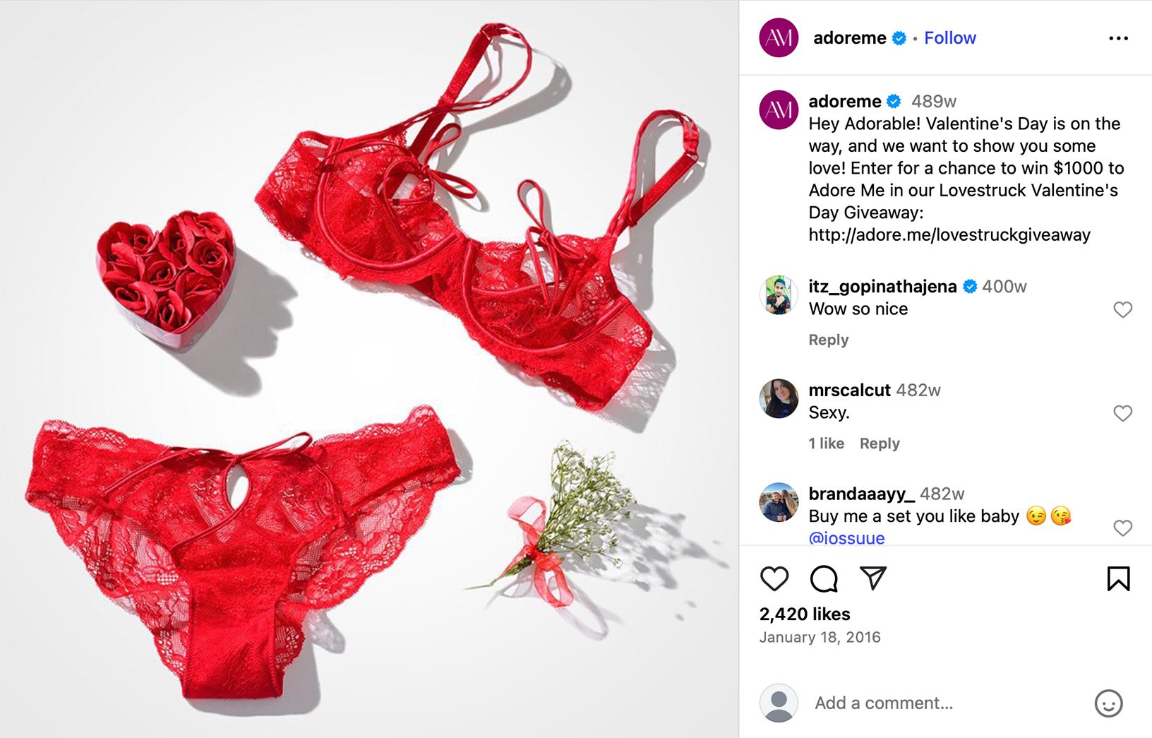 Red lace lingerie set arranged with roses and flowers for Valentine's Day giveaway