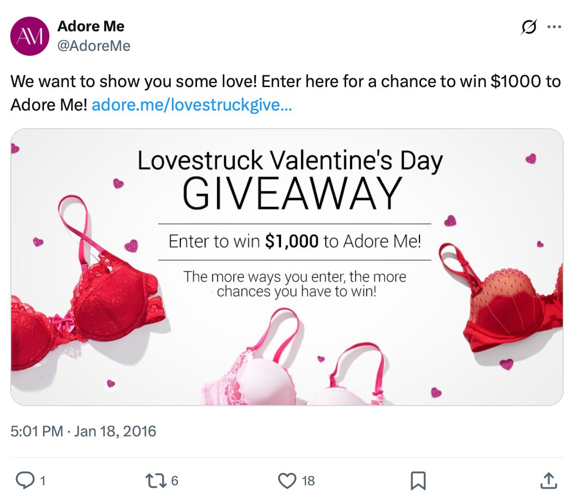 Adore Me's Lovestruck Valentine's Day giveaway banner promoting a $1000 prize with bras and hearts as decoration