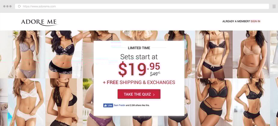 Adore Me's 'Discover Your Style Profile' personalised quiz landing page