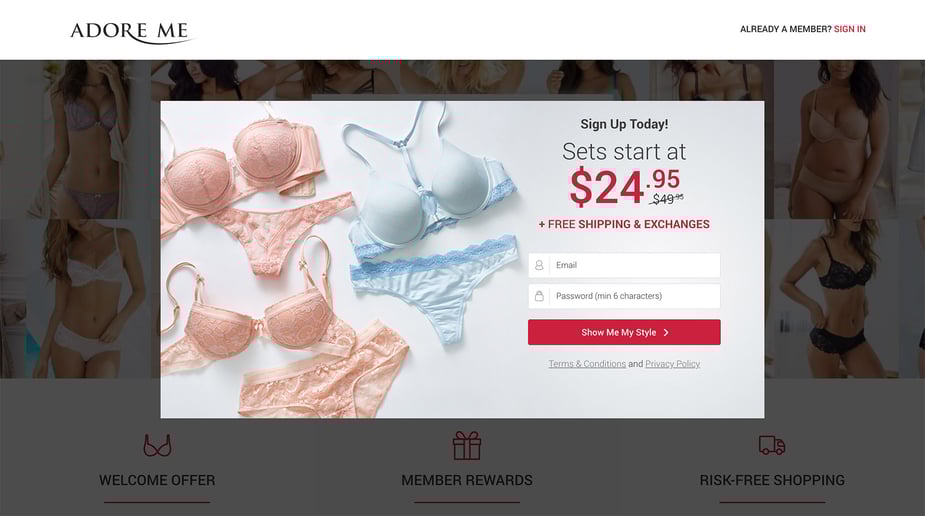 Adore Me's popup form with personalised quiz as call-to-action