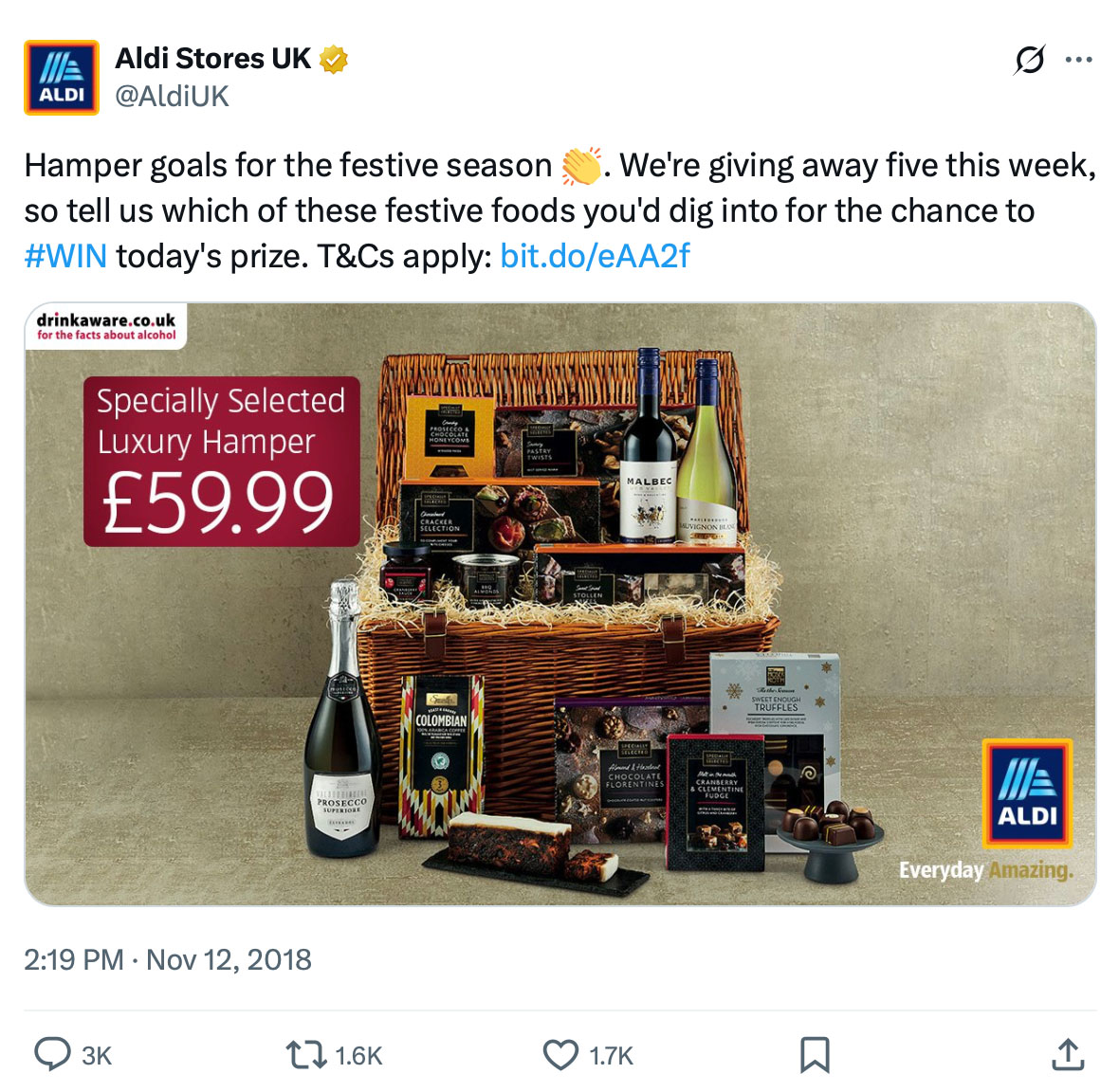 Aldi UK Twitter post promoting a holiday-themed giveaway with branded advent calendar