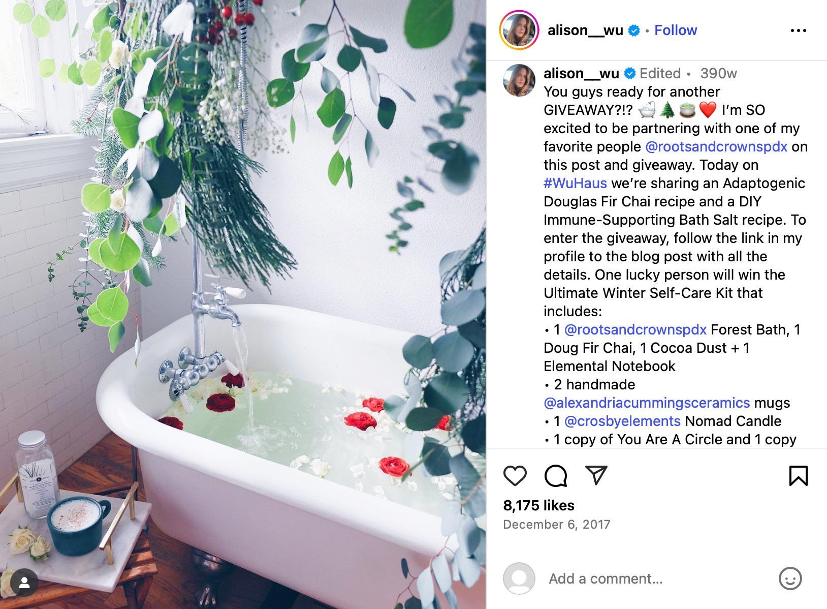 Bathtub filled with flower petals surrounded by lush greenery, part of winter self-care giveaway