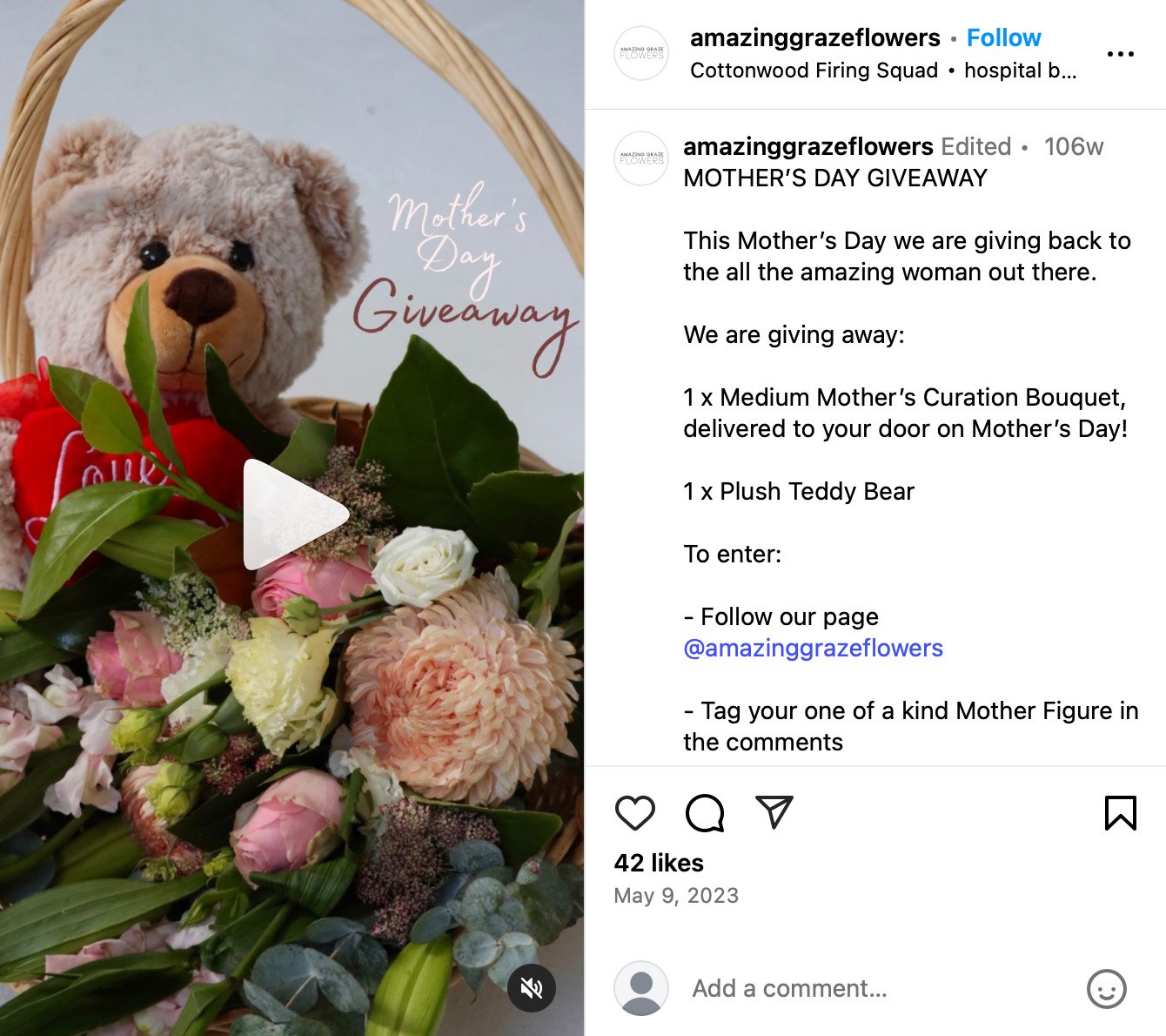 Amazing Graze Flowers Instagram post promoting a floral giveaway with elegant bouquet imagery