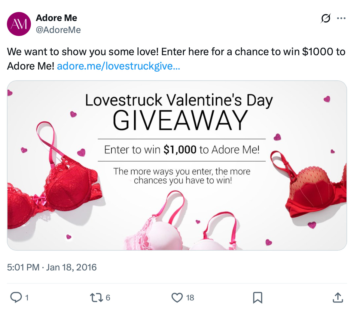 Adore Me Amore giveaway promotion on X (Twitter)