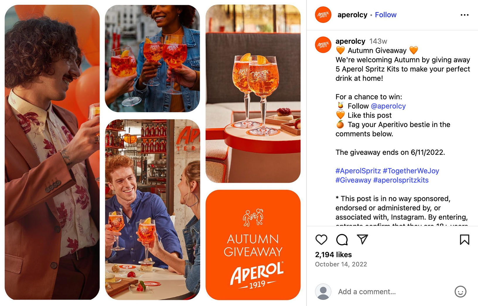 Instagram giveaway post by Aperol featuring Aperol Spritz drinks and people celebrating in autumn settings
