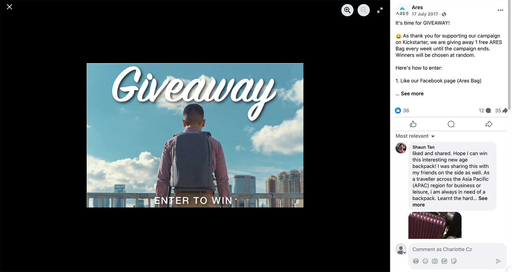 Man wearing an Ares backpack facing the skyline under 'Giveaway' text