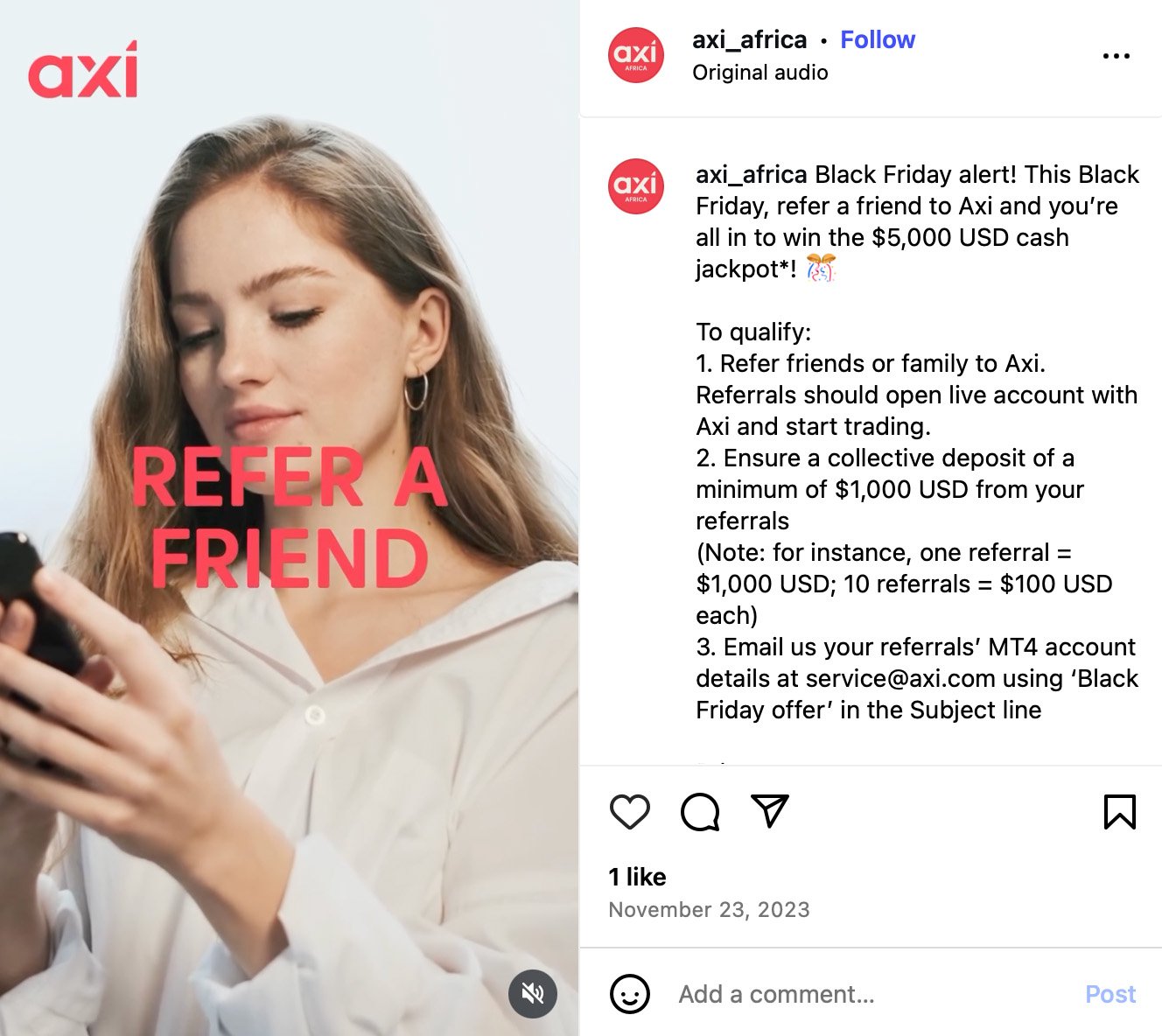 Woman holding phone with text overlay promoting refer-a-friend for Black Friday cash giveaway