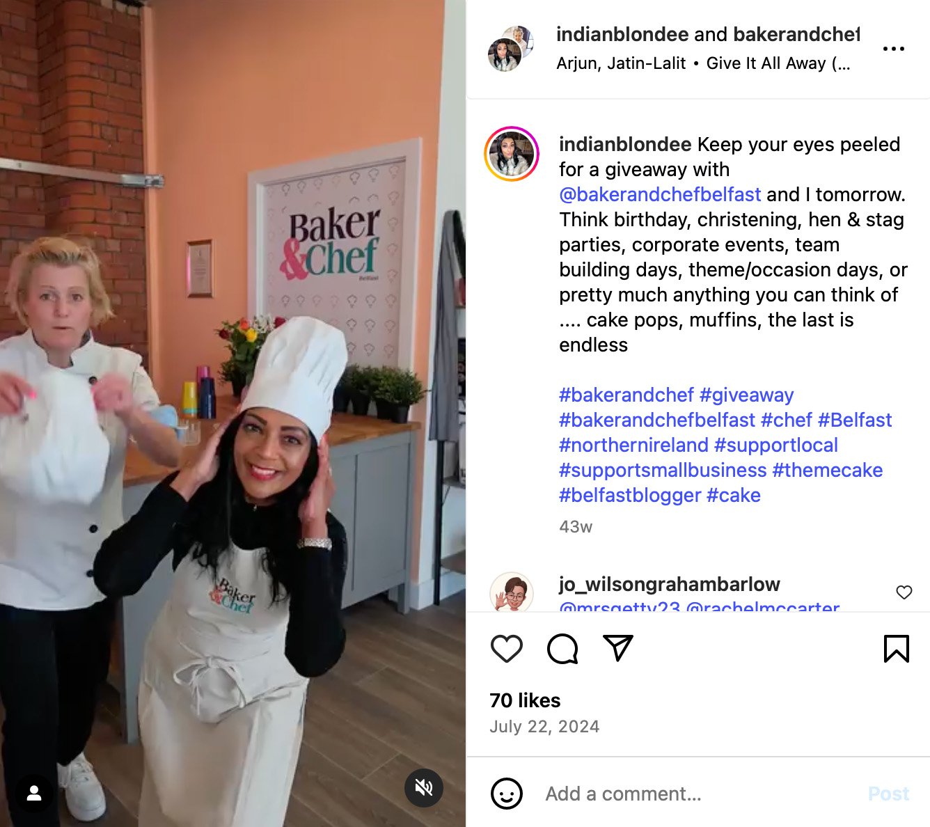 Instagram post by @indianblondee featuring a baking-themed giveaway or lifestyle moment