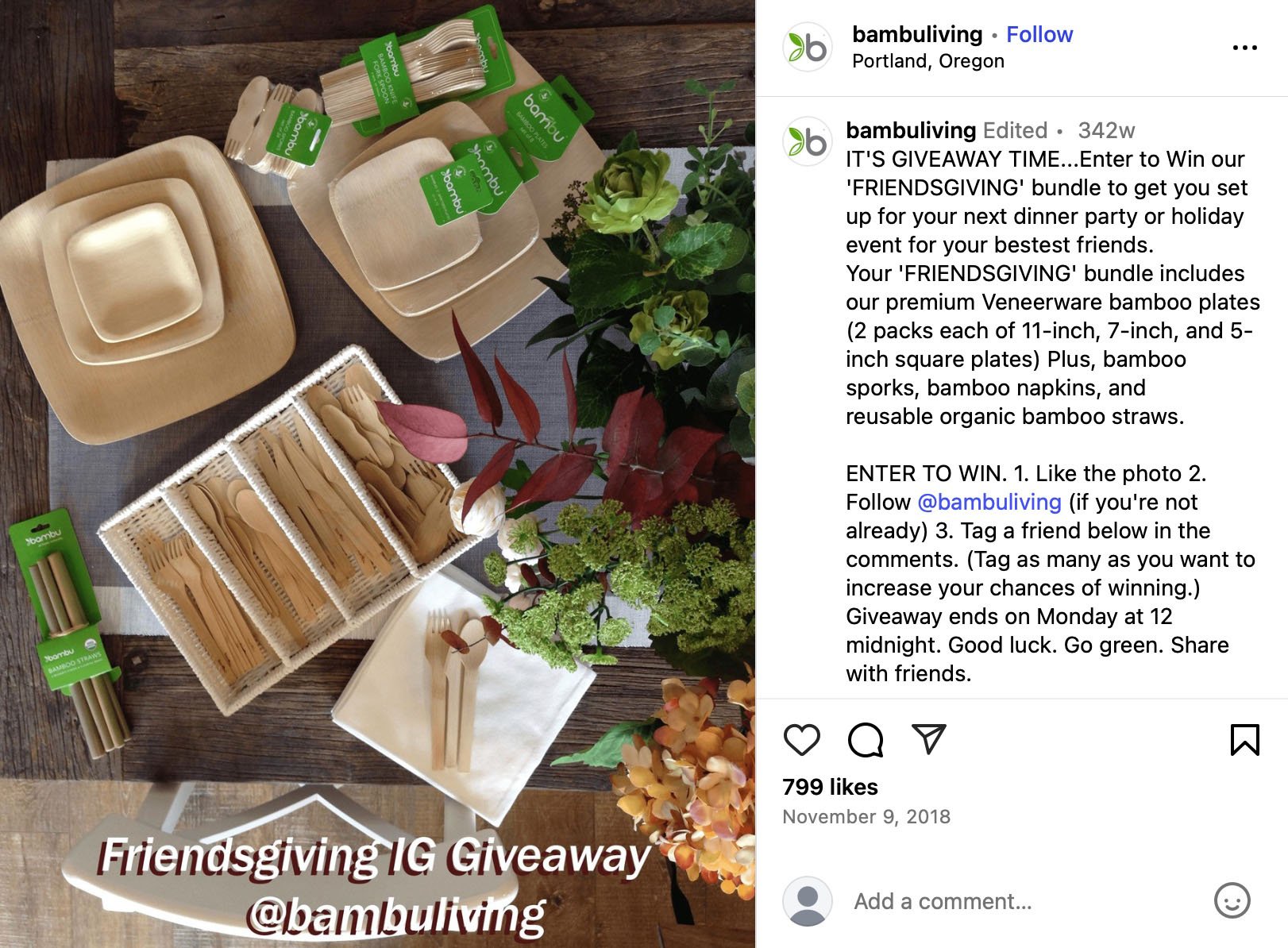Eco-friendly bamboo tableware set with flowers on wooden table promoting Friendsgiving giveaway