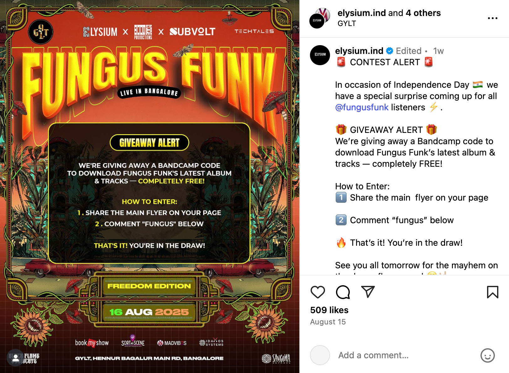 Instagram giveaway post featuring Fungus Funk Freedom Edition flyer with instructions to win a free Bandcamp album download code