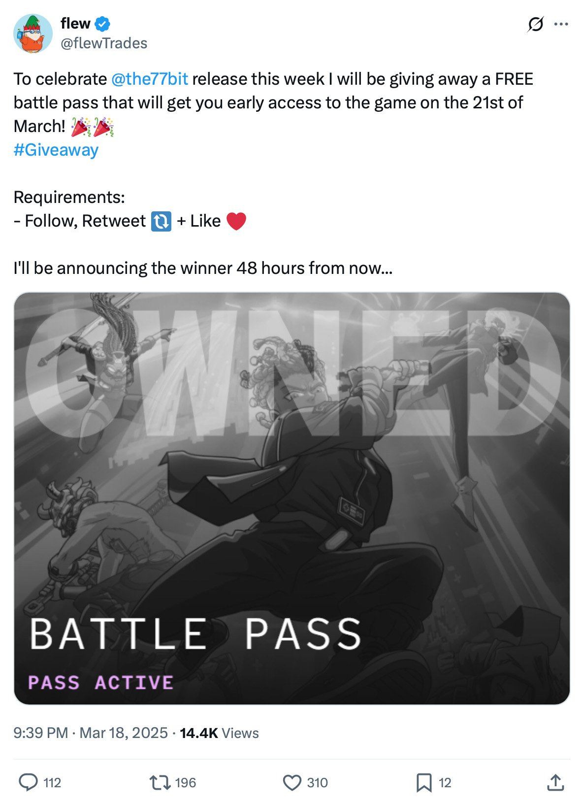 Twitter giveaway post by Flew offering a free battle pass for early access to The77Bit game