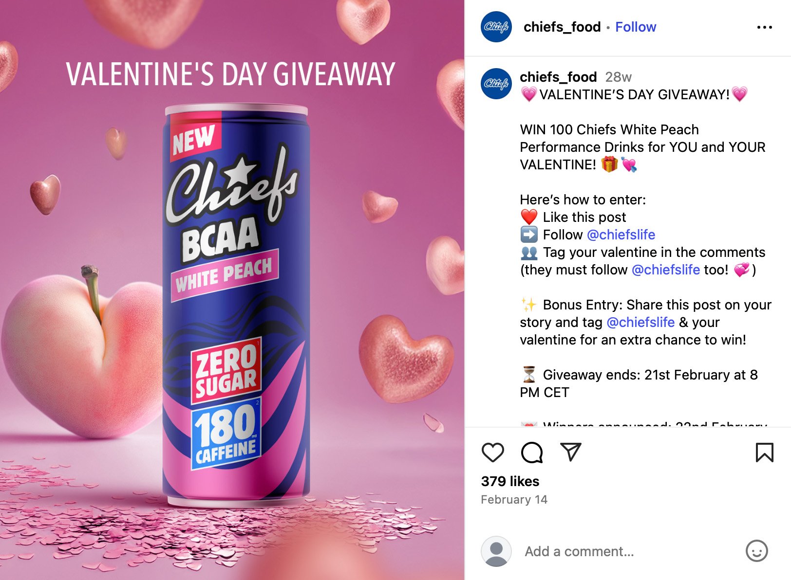 Instagram Valentine’s giveaway post featuring a can of Chiefs BCAA White Peach energy drink with pink hearts and festive design