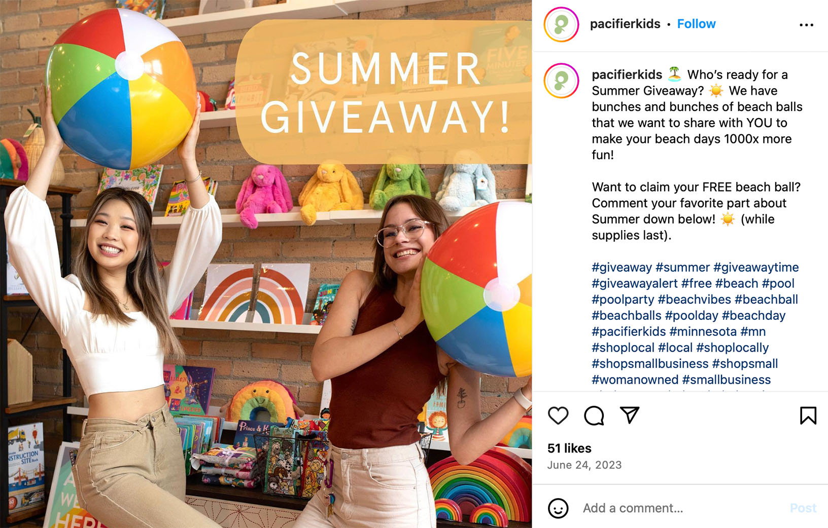 Instagram post promoting a family-friendly beach giveaway