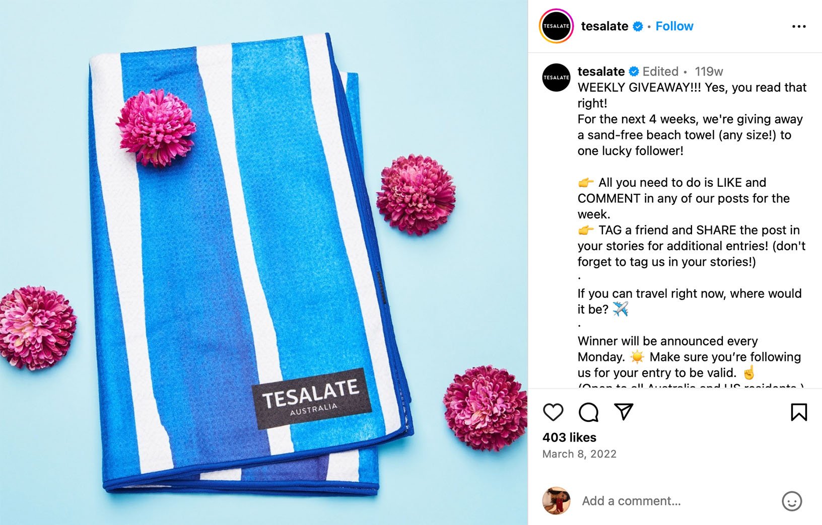 Instagram post promoting a beach towel giveaway for summer engagement