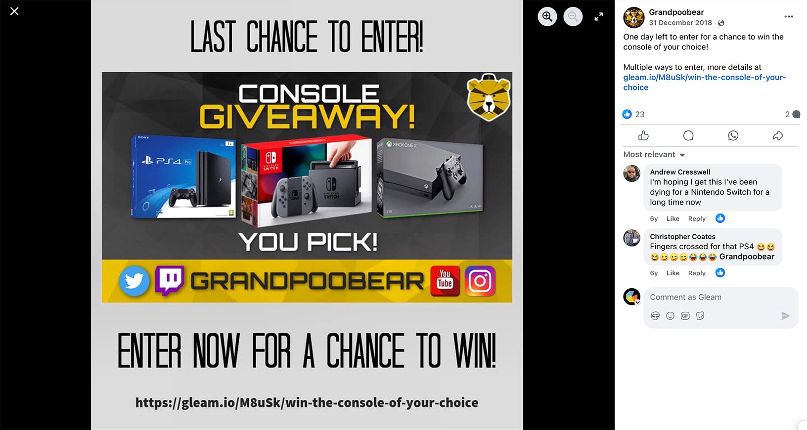 Facebook giveaway post by Grandpoobear showing a PS4 Pro, Nintendo Switch, and Xbox One X with a choice-based console prize