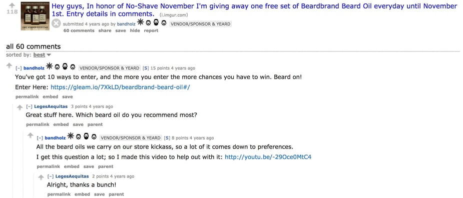Beardbrand promoting their campaign on Reddit