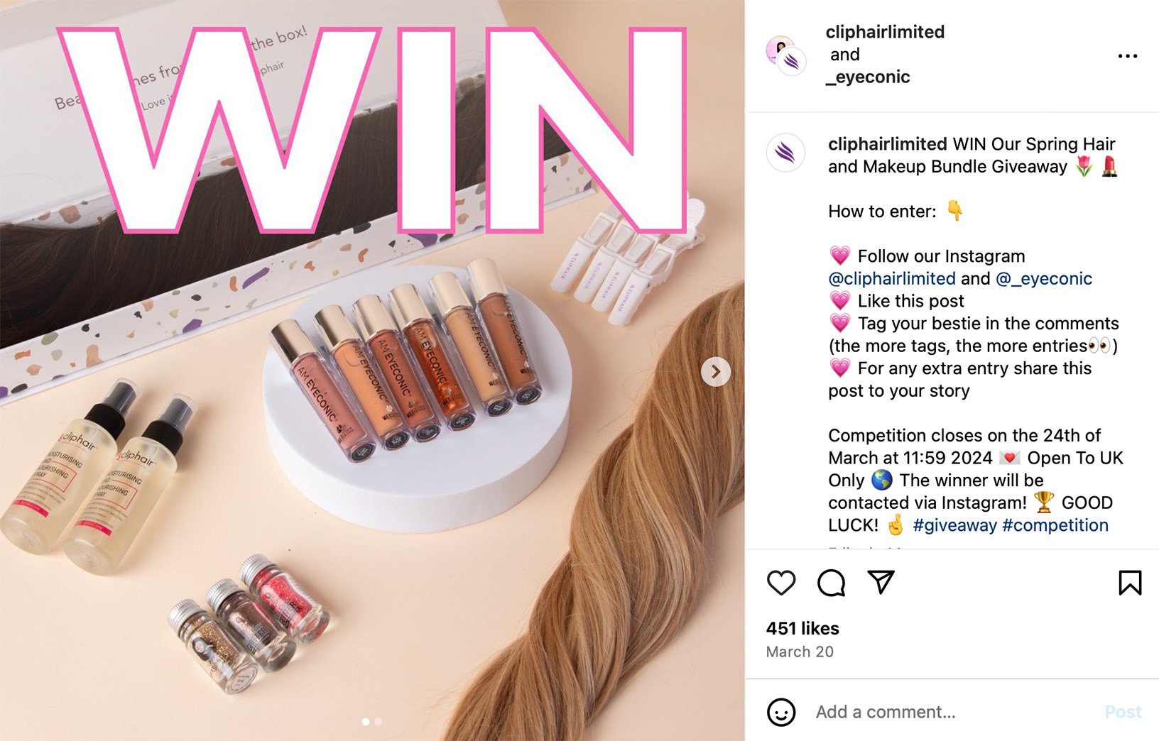 Beauty giveaway example on Instagram