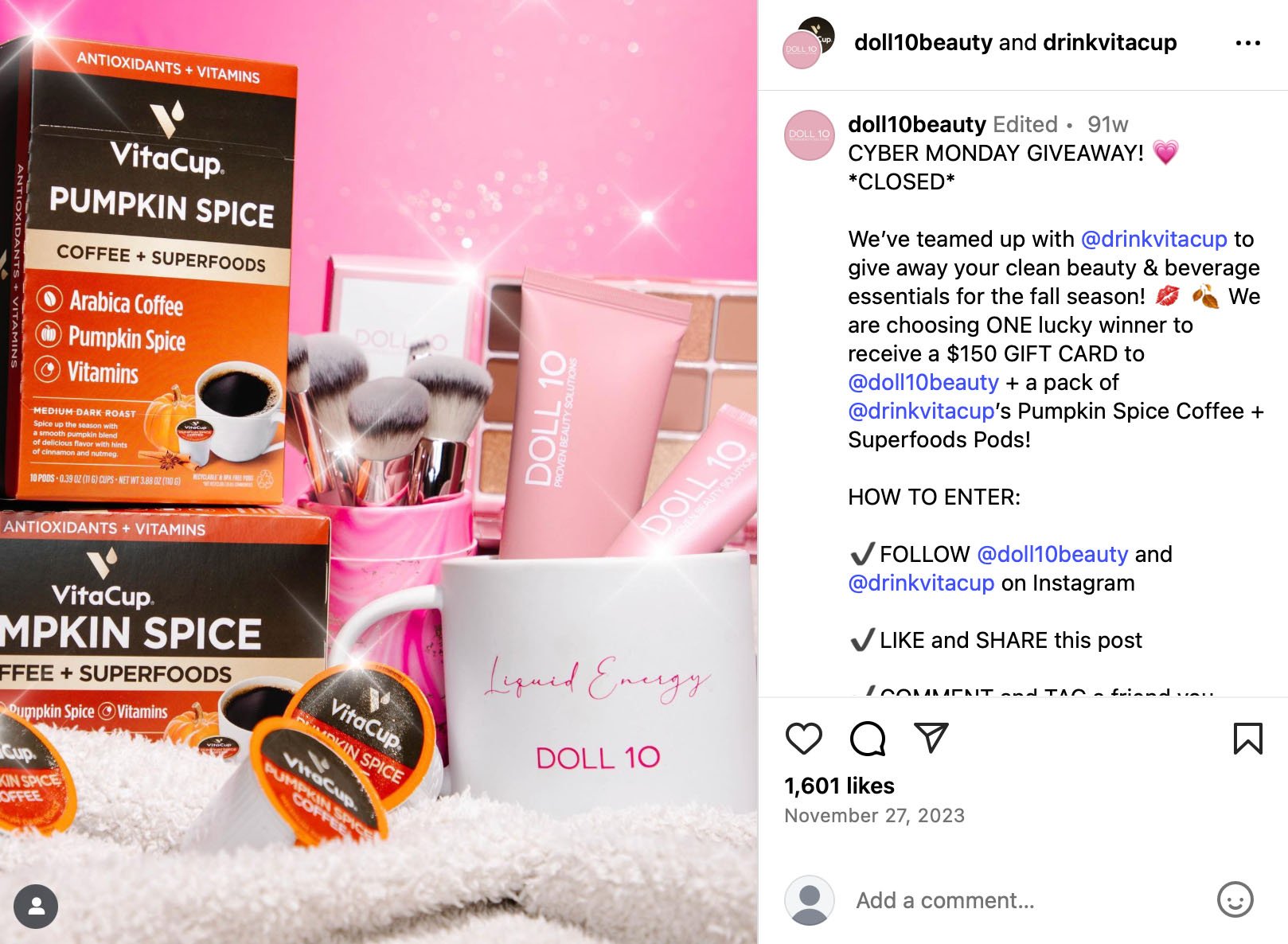 Instagram Cyber Monday giveaway featuring Doll 10 Beauty and VitaCup products