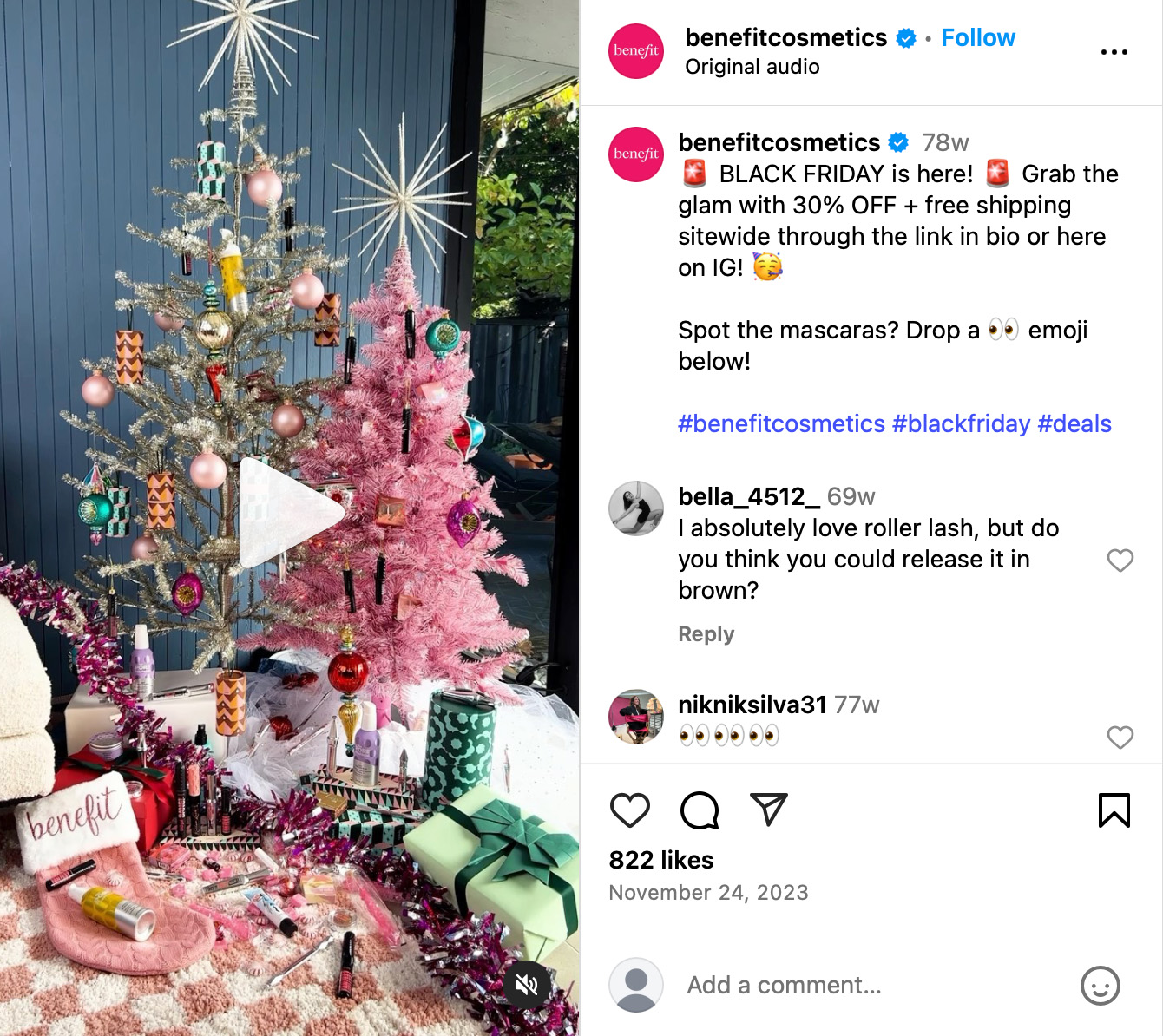 Benefit Cosmetics Instagram post featuring a beauty giveaway with branded products and holiday packaging