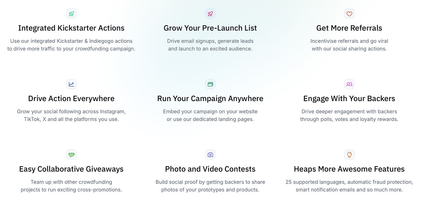 Overview of Gleam features for crowdfunding including referrals, collaborative giveaways, and contests