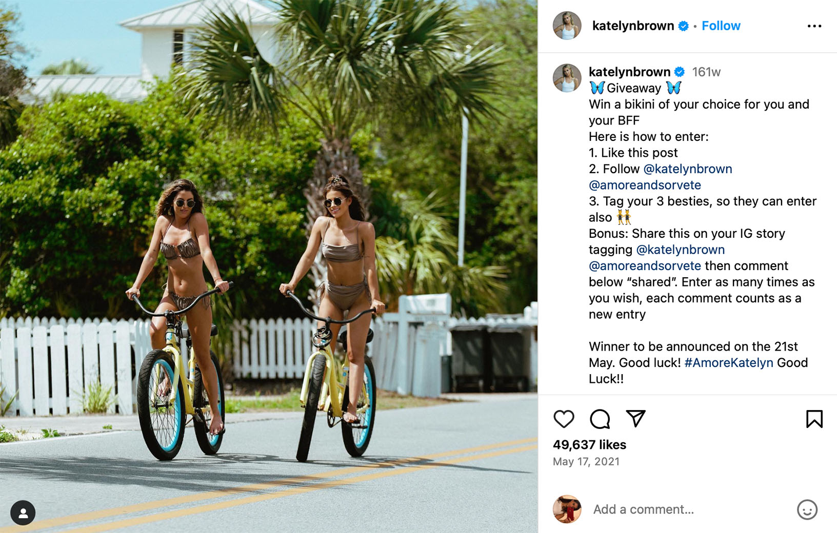 Instagram post promoting a bikini giveaway for summer engagement