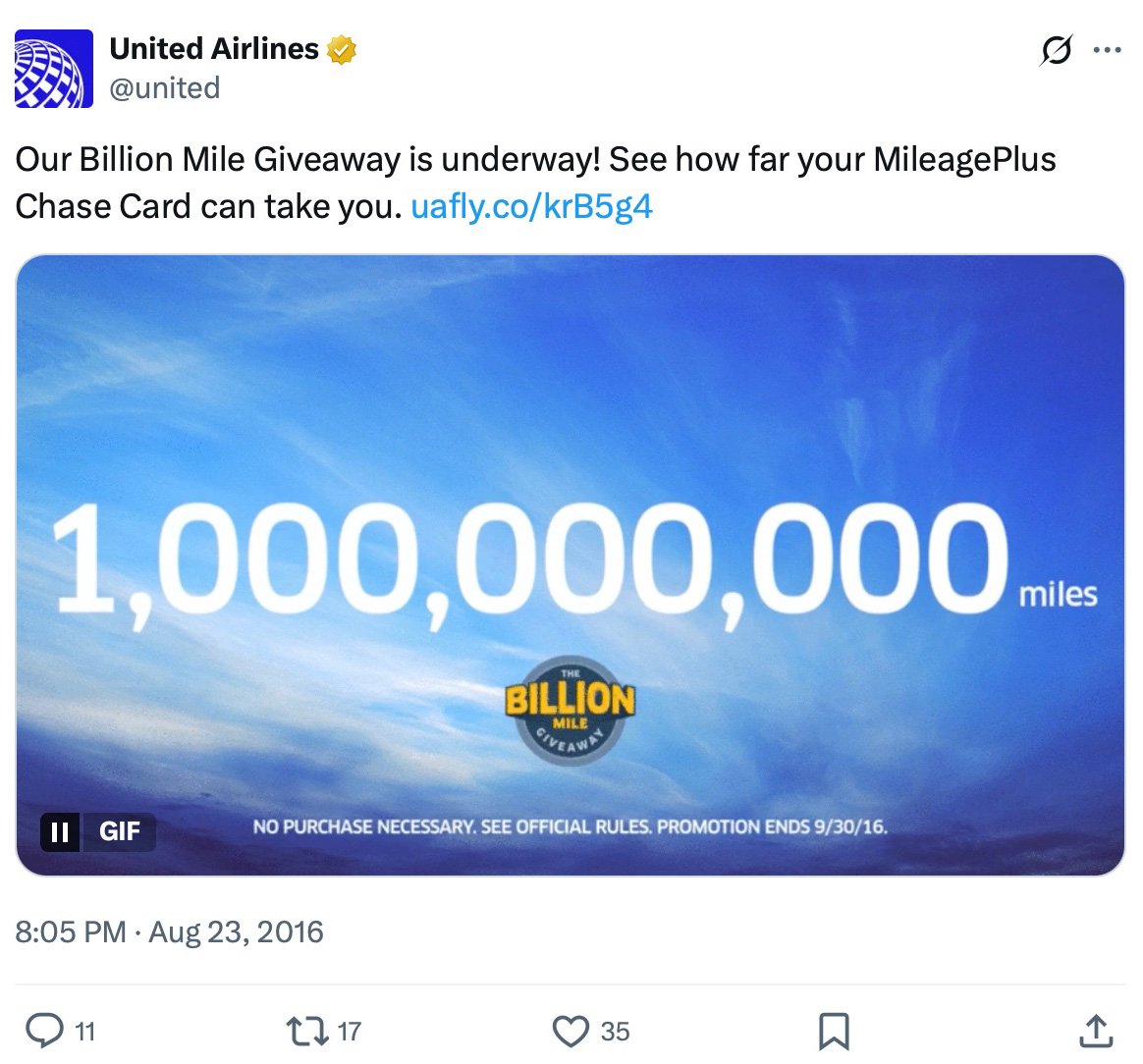 United Airlines billion mile giveaway on Twitter