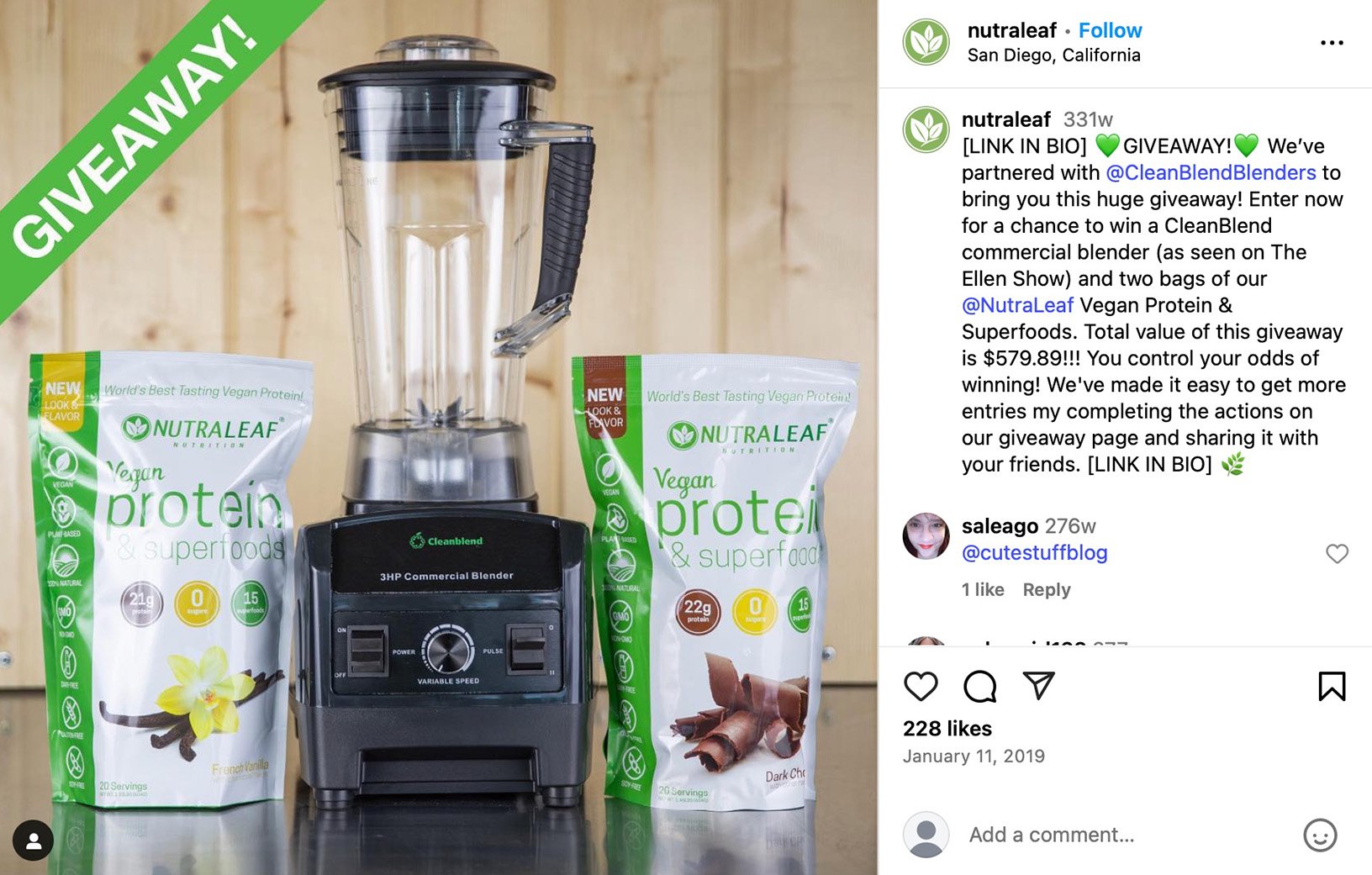 Instagram post featuring a giveaway promotion for a high-powered blender