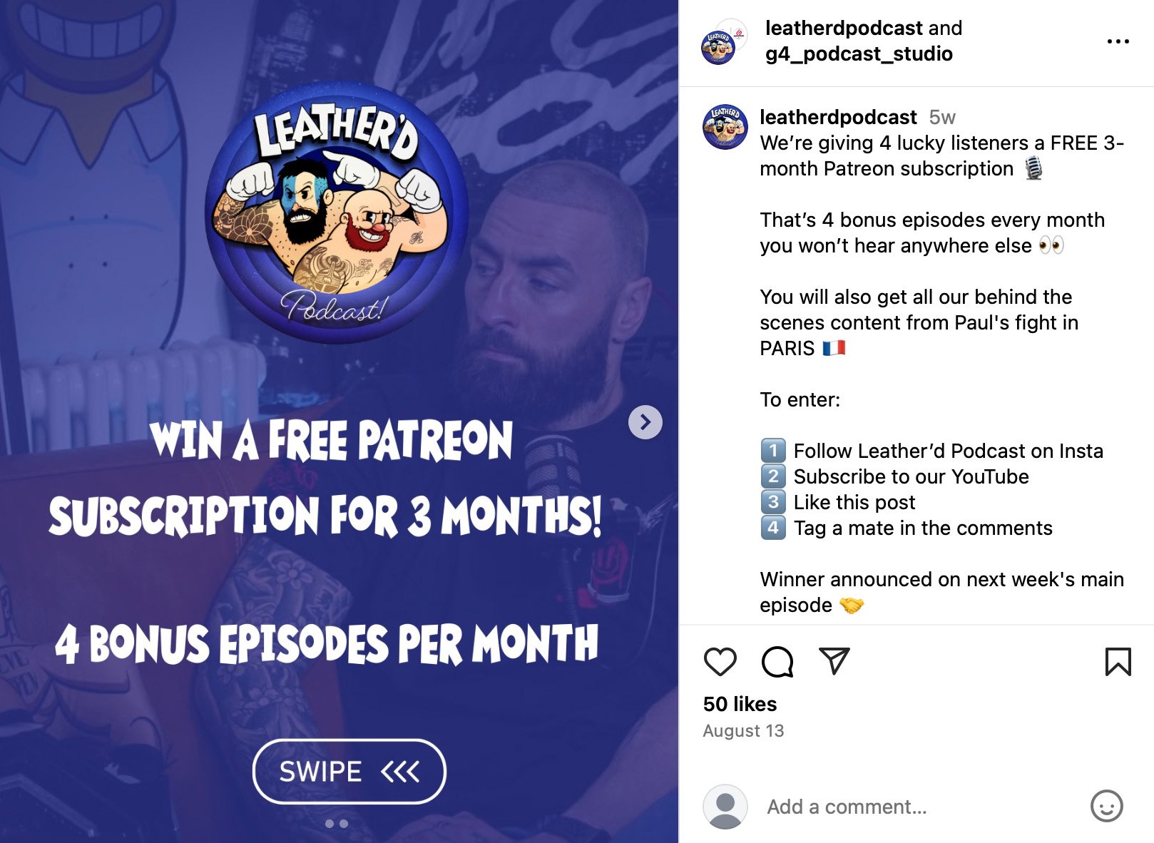 Instagram giveaway graphic by Leather’d Podcast offering free 3-month Patreon subscription with bonus episodes