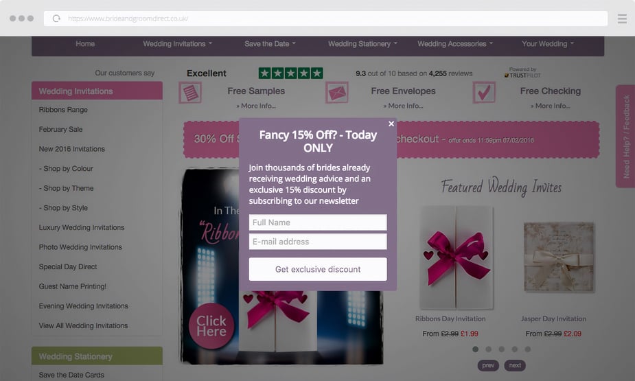Bride & Groom Direct's newsletter popup