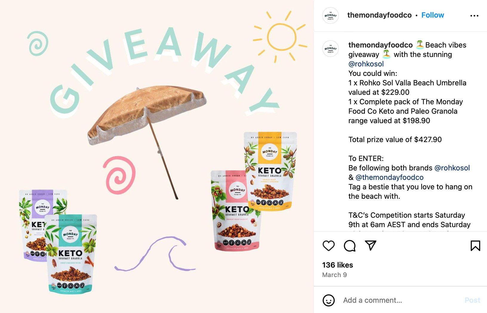 Instagram post featuring a branded umbrella giveaway for audience engagement