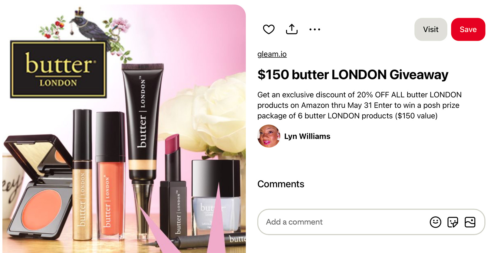 Pinterest giveaway post by Butter London showcasing beauty products and call-to-action