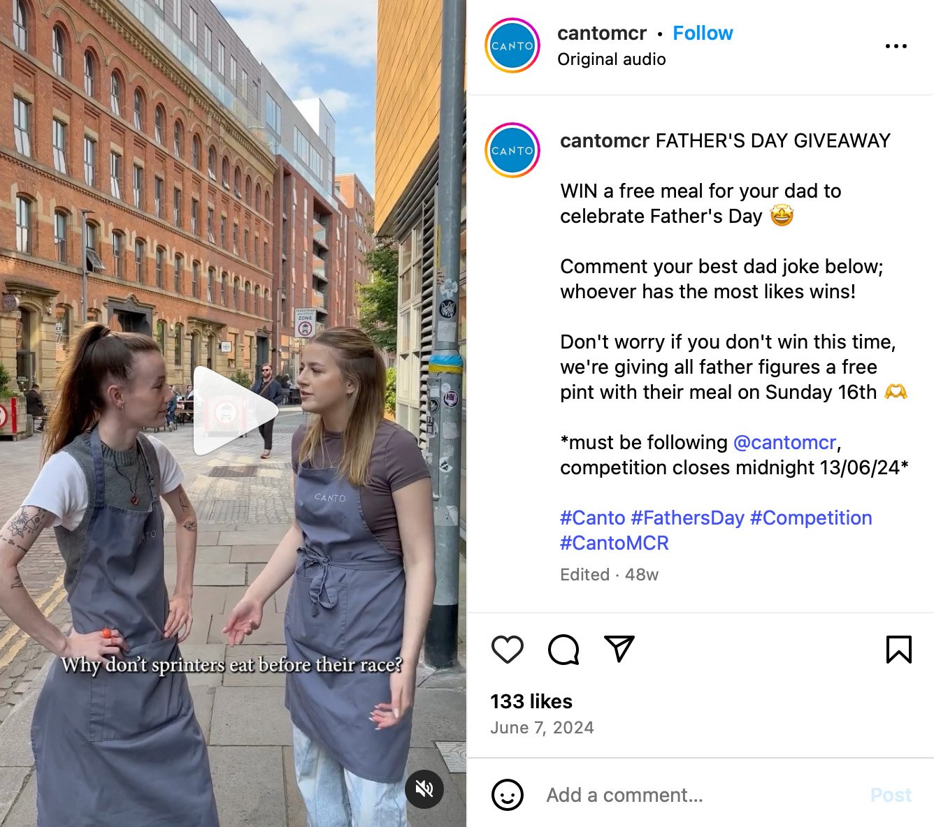 Canto MCR Instagram post showcasing a dining giveaway with featured dishes and restaurant branding