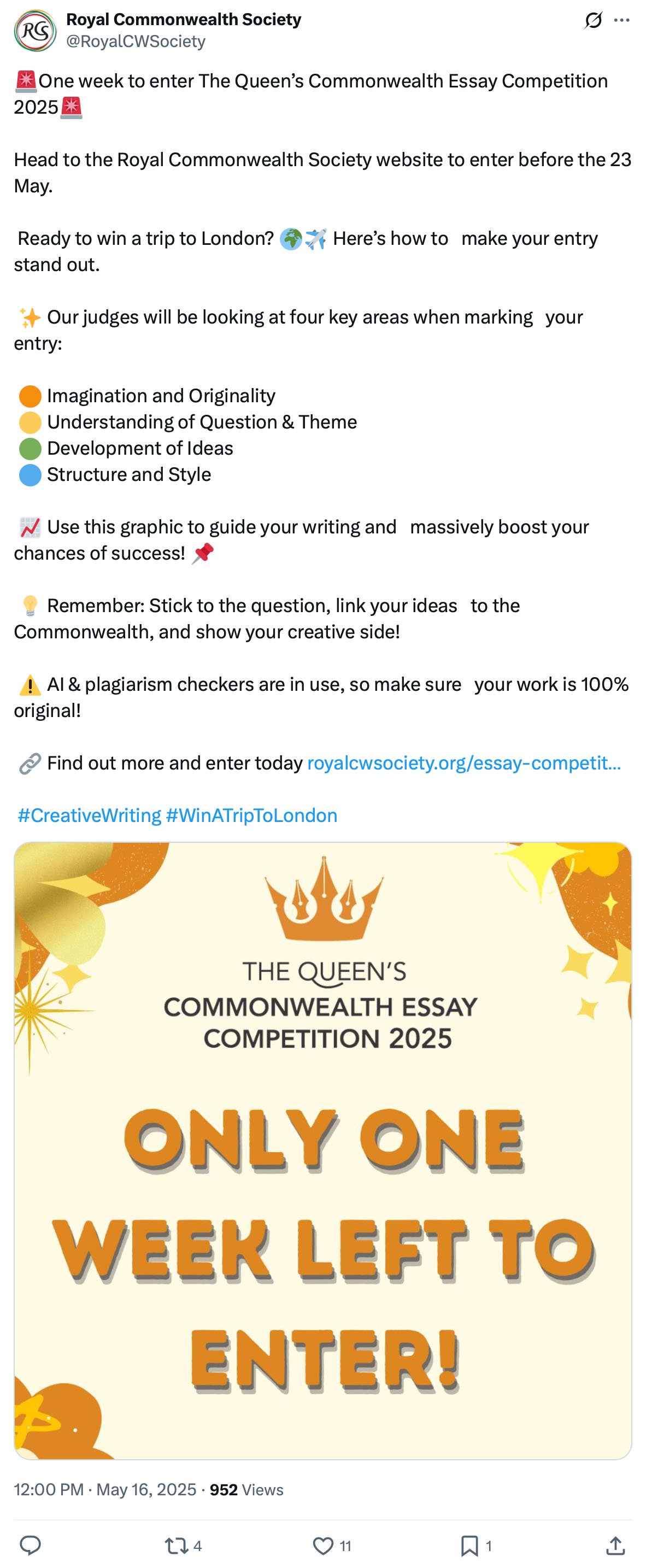 Only one week left to enter The Queen’s Commonwealth Essay Competition 2025