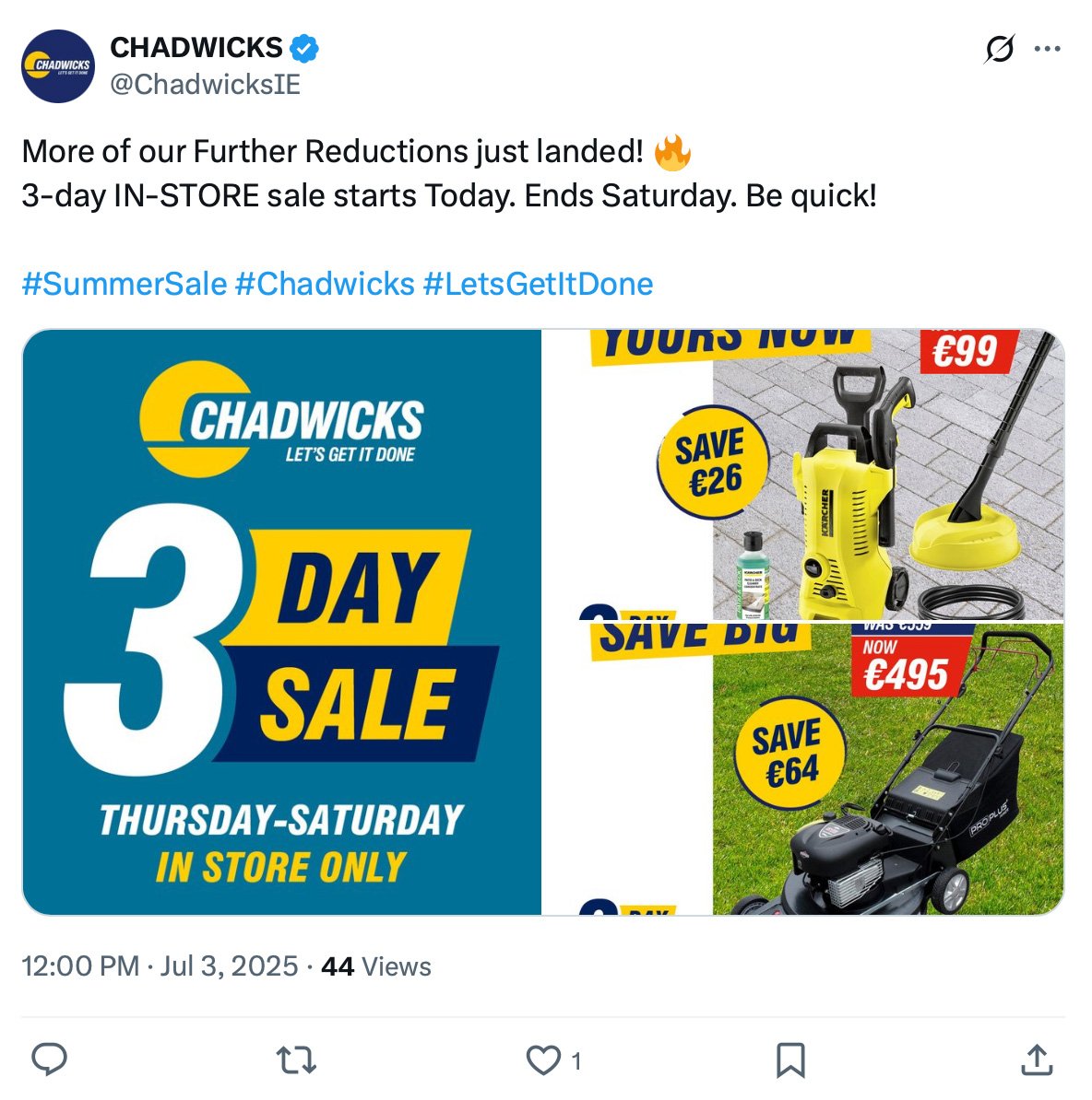 Chadwicks promotional tweet showing 3-day in-store sale with discounts on tools and equipment