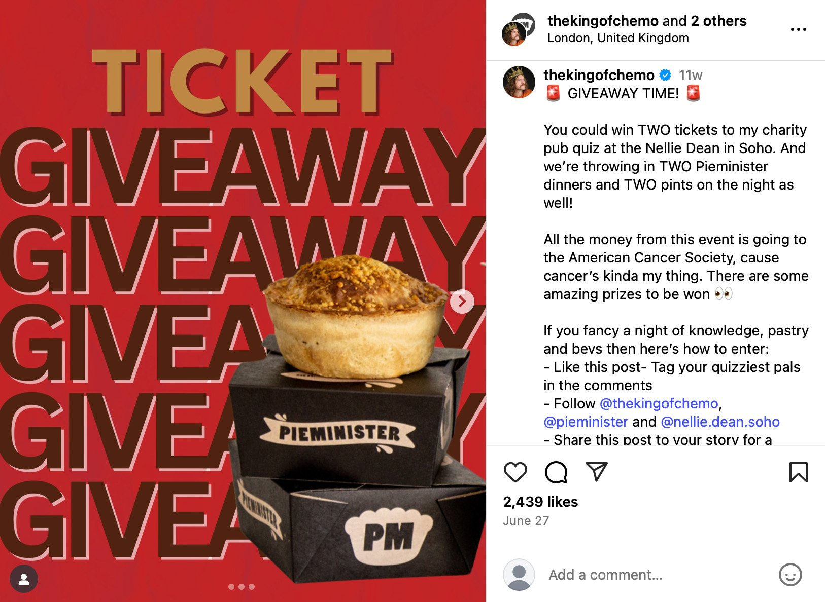 Example of a charity pub quiz giveaway raising money for the American Cancer Society