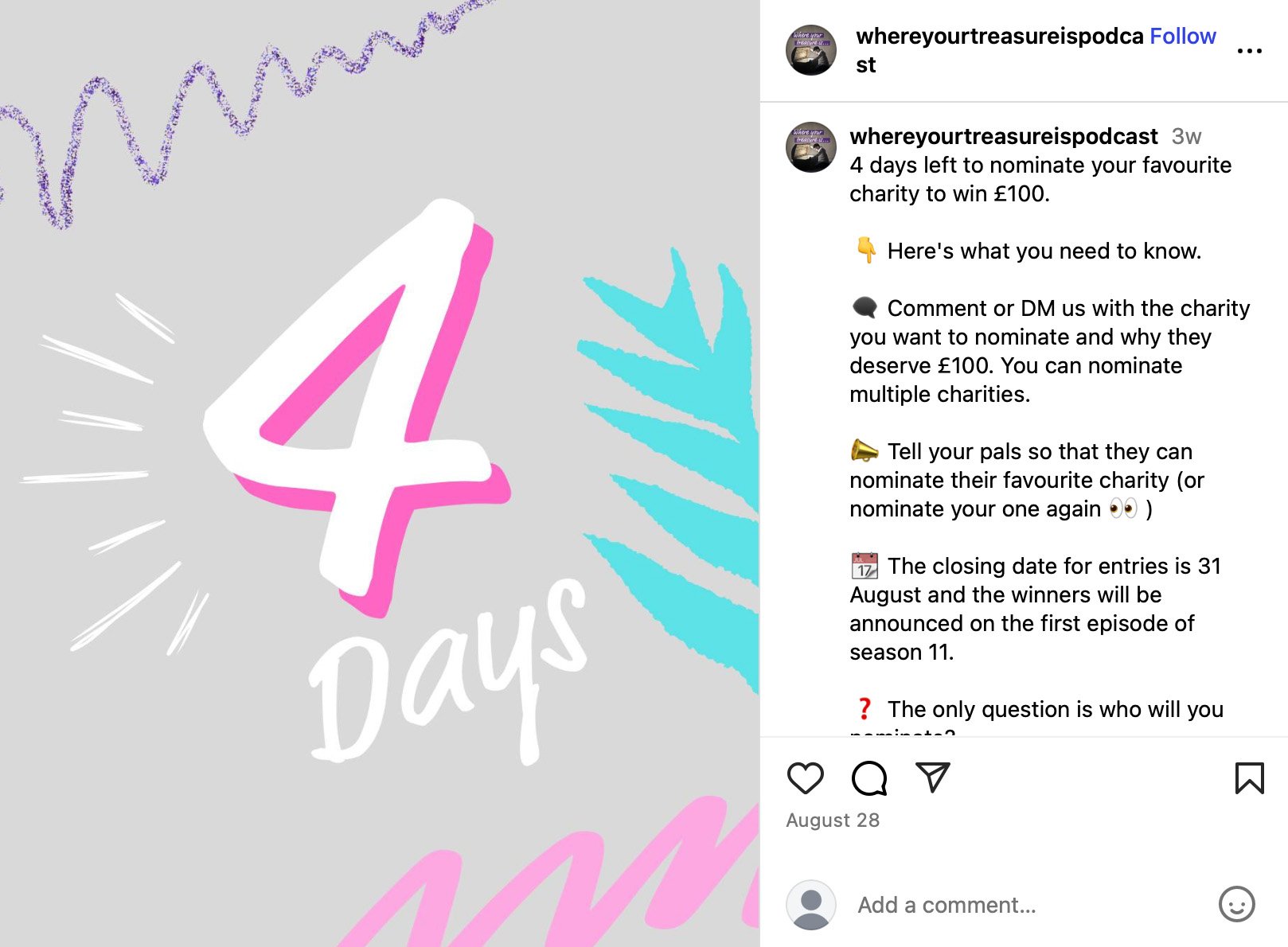 Instagram charity giveaway countdown: 4 days left to nominate a charity to win £100