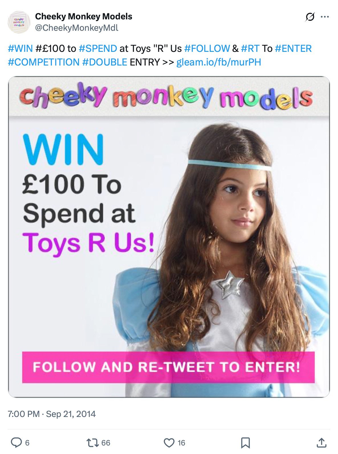 Cheeky Monkey Models giveaway promotion on Twitter