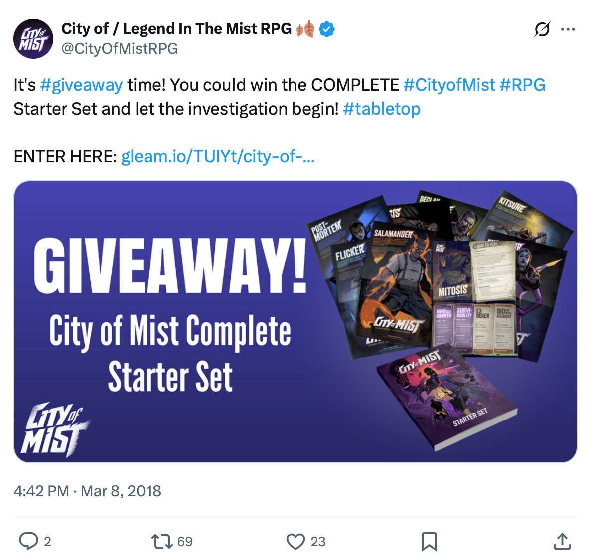 City of Mist giveaway promo featuring starter set box and character cards