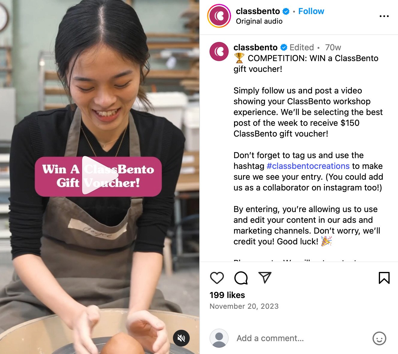 ClassBento Instagram post featuring a creative workshop giveaway with craft materials and brand styling
