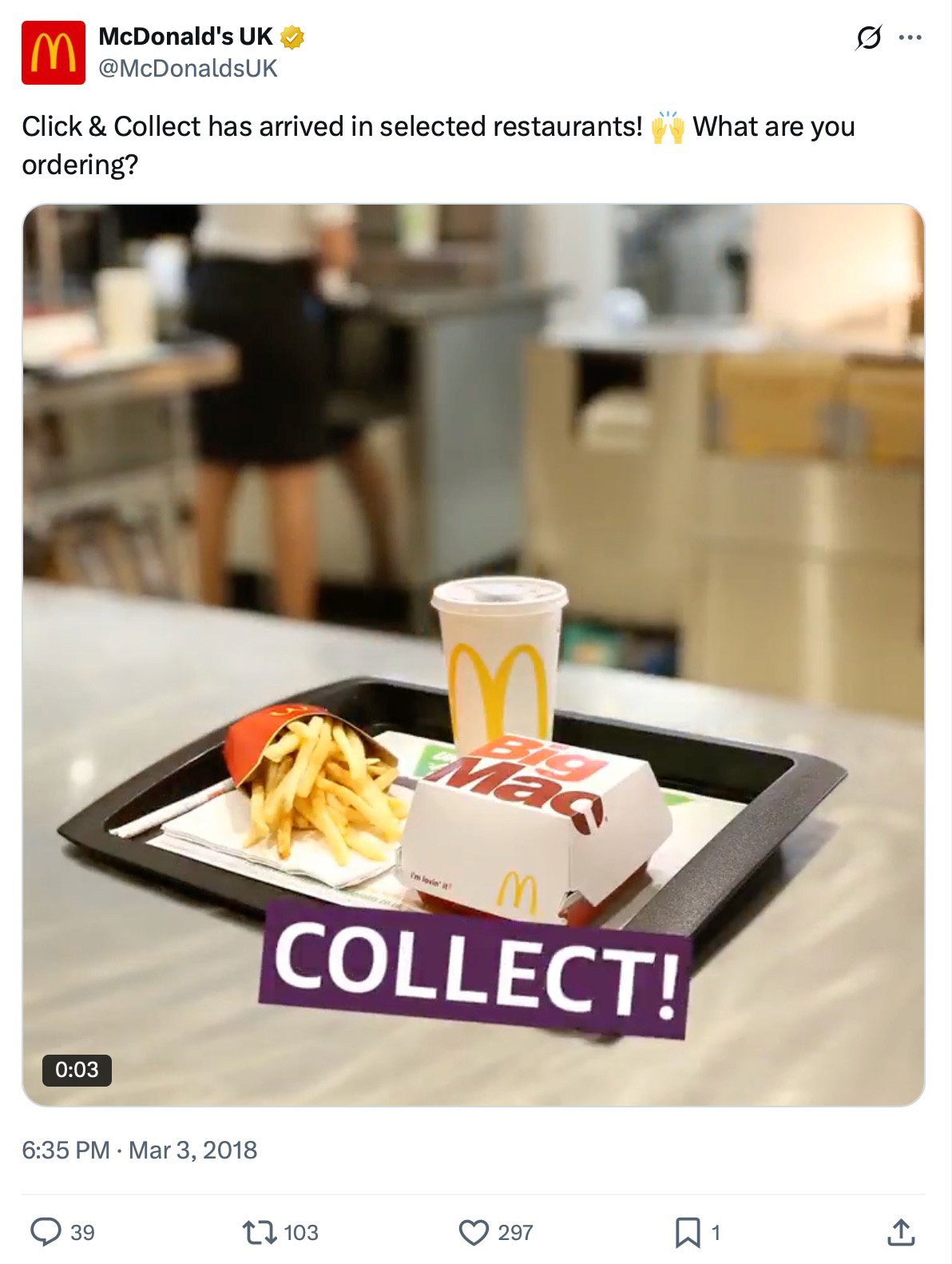 McDonald’s UK tweet announcing Click & Collect service with a Big Mac meal on a tray