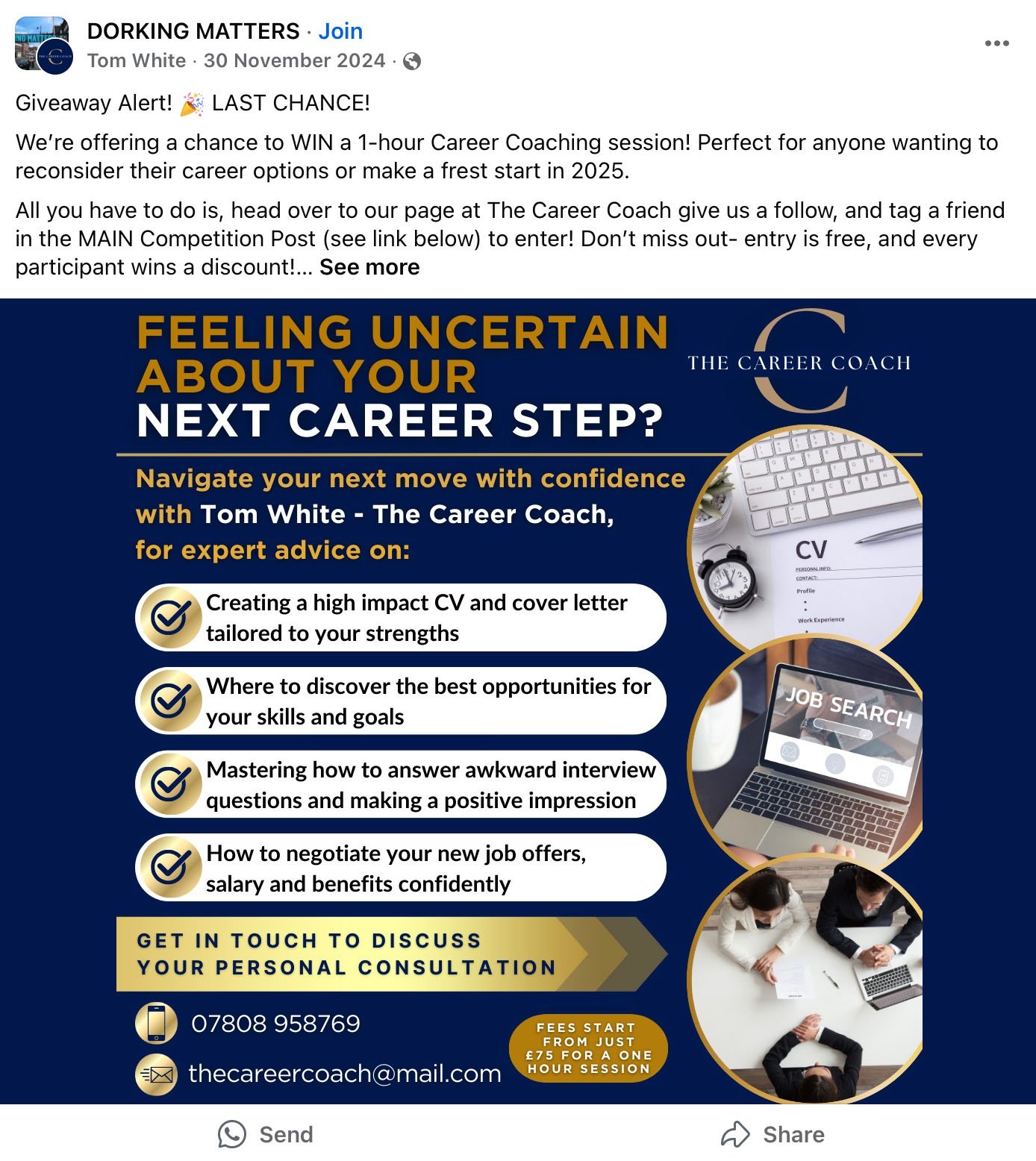Facebook giveaway post offering a free 1-hour career coaching session with The Career Coach
