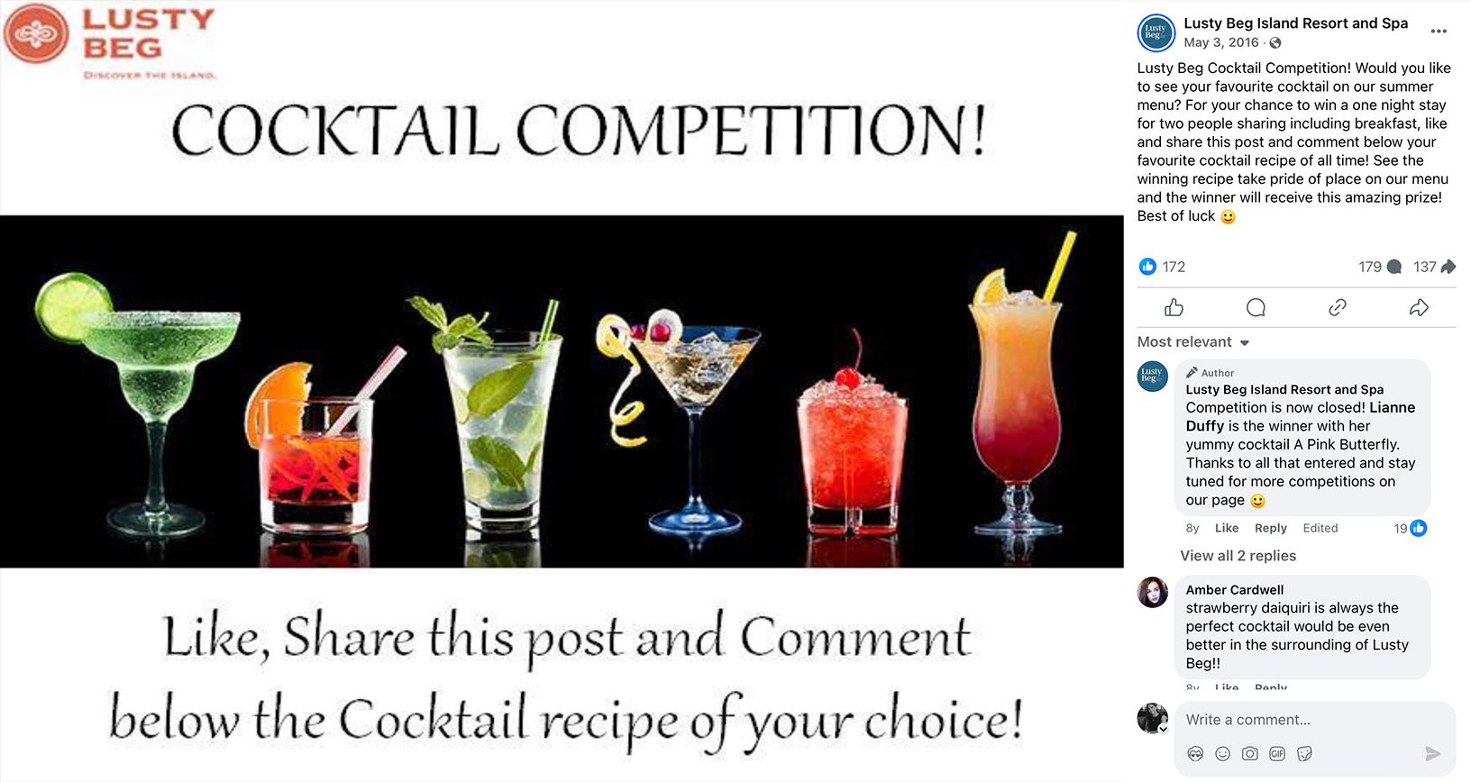 Facebook post featuring a cocktail giveaway promotion