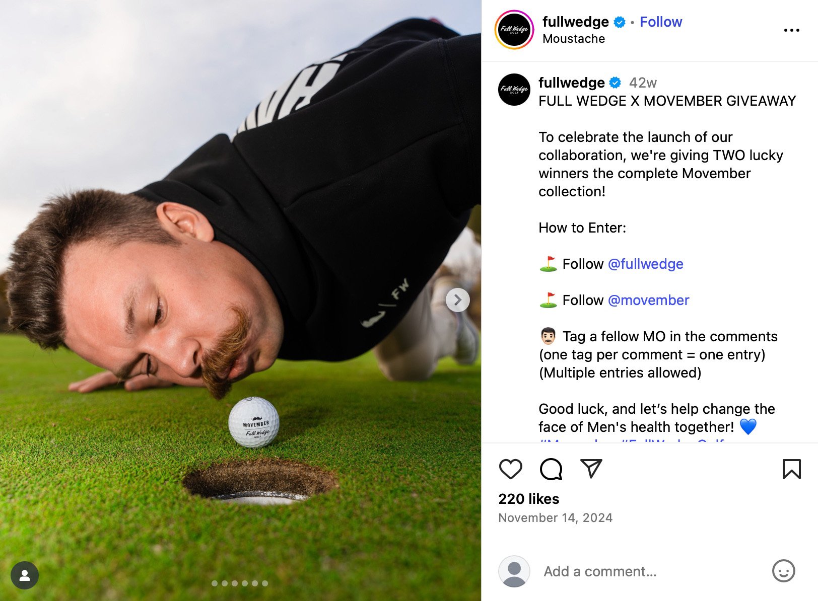 Instagram giveaway collaboration between Full Wedge and Movember offering collection prizes